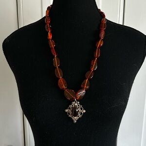 Vintage Amber Necklace with Sterling Silver Medallion | 26” | Statement Piece